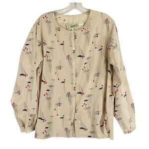 VTG AMANDA Button-Up Blouse Top IVORY w/SCRIBBLE POP-LINE-ART Floral Black/Red M